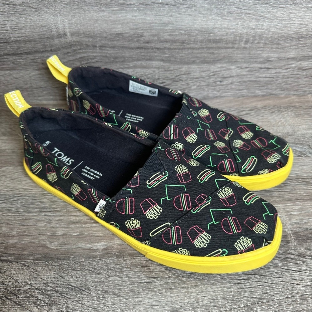 TOMS Alpargata Shoes Womens 8.5 Fast Food Neon Print Slip On Canvas Black Yellow